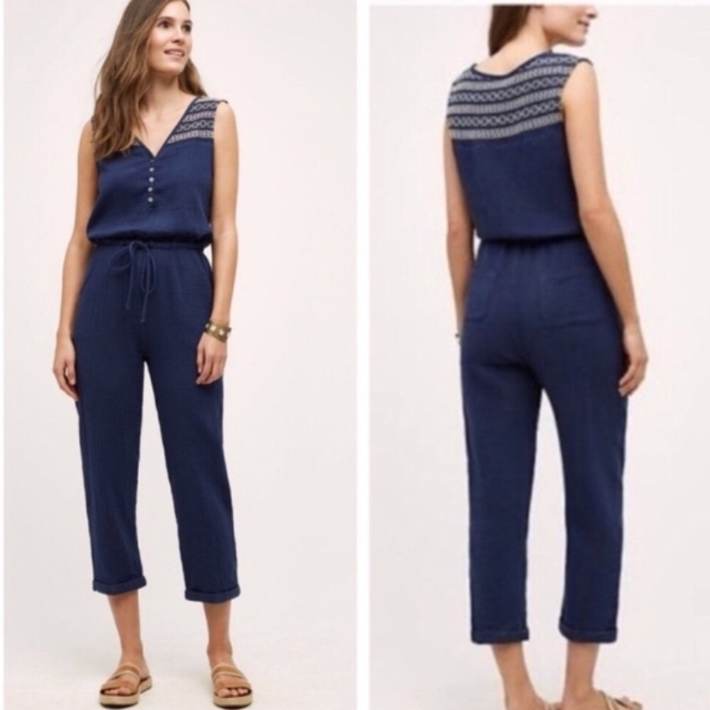Anthropologie Lilka embroidered blue sleeveless gauze jumpsuit 41020